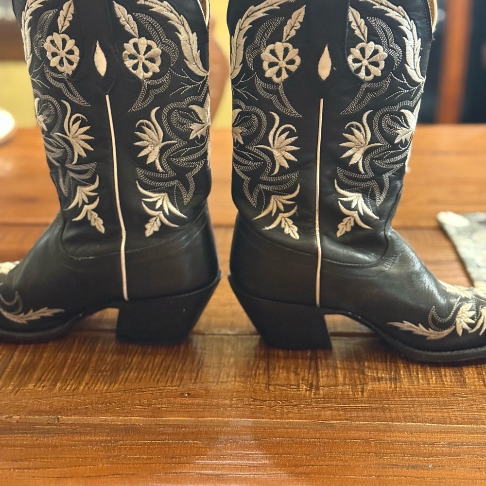 Tony Lama Black and White Floral Heeled Boots
